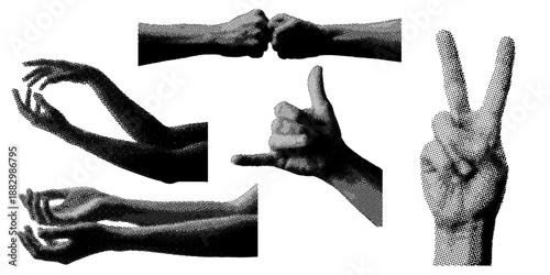 Set of retro halftone hand gestures in a vintage pop art style featuring various pointing and waving icons for creative layouts