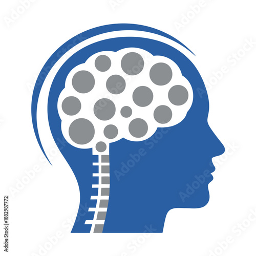 Blue human head profile with visible brain and spine icon