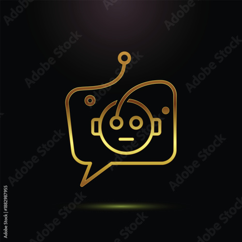 Golden robot face in speech bubble icon on dark background