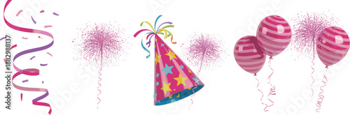 Colorful party decorations set with balloons, confetti, streamers and celebration elements isolated on white background festive illustration collection