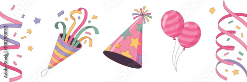Colorful party decorations set with balloons, confetti, streamers and celebration elements isolated on white background festive illustration collection