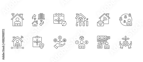 Remote working icon collection set. Containing Remote Work, Hybrid Work, Flexible Schedule, Home Business, Work From Home, Work From Anywhere, Innovation, Smart Work icon. Solid vector illustration.