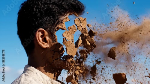 Man with his face cracking and distorting into pieces representing prosopagnosia and memory confusion