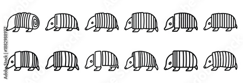 Collection of  armadillo rolled armor  line art icons on white background. Set of animal linear symbols. Vector illustration.