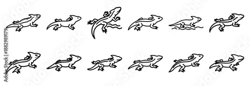 Collection of  basilisk lizard run  line art icons on white background. Set of animal linear symbols. Vector illustration.