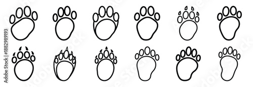 Collection of  bear footprint  line art icons on white background. Set of animal linear symbols. Vector illustration.