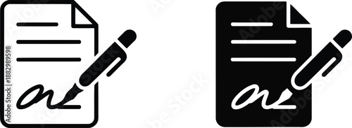 A modern outline and solid icon displaying a document with a clear signature and pen