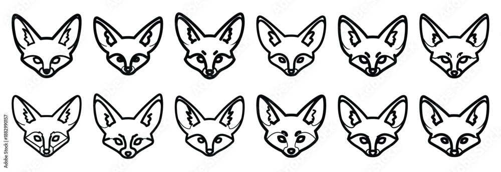 Fototapeta premium Collection of fennec fox big line art icons on white background. Set of animal linear symbols. Vector illustration.