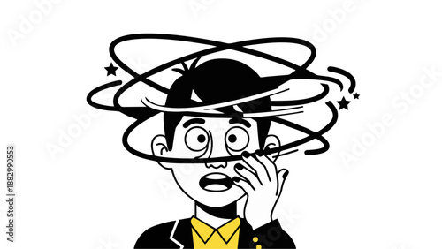 Confused Man with Spinning Head Icon Dizziness and Vertigo Concept Illustration