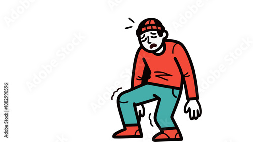 Struggling Young Man with Weak Knees or Dizziness Cartoon Illustration