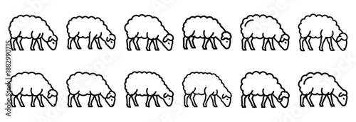 Collection of  grazing sheep  line art icons on white background. Set of animal linear symbols. Vector illustration.