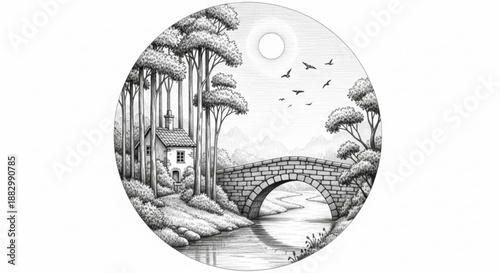 Serene landscape with stone bridge trees and house by a river under a sunny sky with birds flying