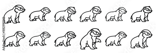 Collection of  honey badger tough  line art icons on white background. Set of animal linear symbols. Vector illustration.