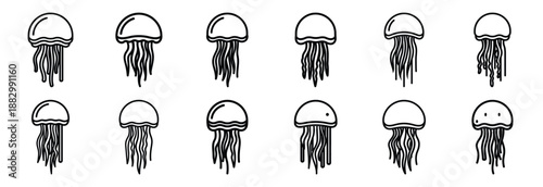 Collection of  jellyfish floating  line art icons on white background. Set of animal linear symbols. Vector illustration.