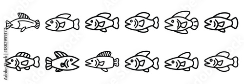 Collection of  lamprey suction mouth  line art icons on white background. Set of animal linear symbols. Vector illustration.
