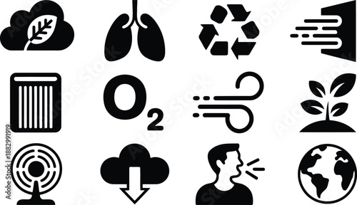 A series of black and white icons highlighting concepts of clean environment and healthy air circulation
