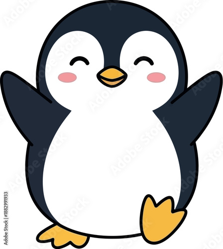 A cute cartoon penguin waving with a happy face and rosy cheeks on white.