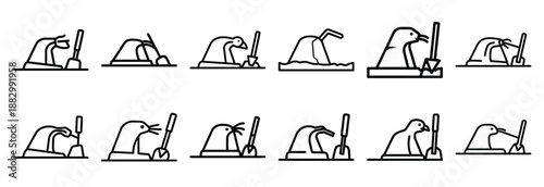 Collection of  mole underground dig  line art icons on white background. Set of animal linear symbols. Vector illustration.