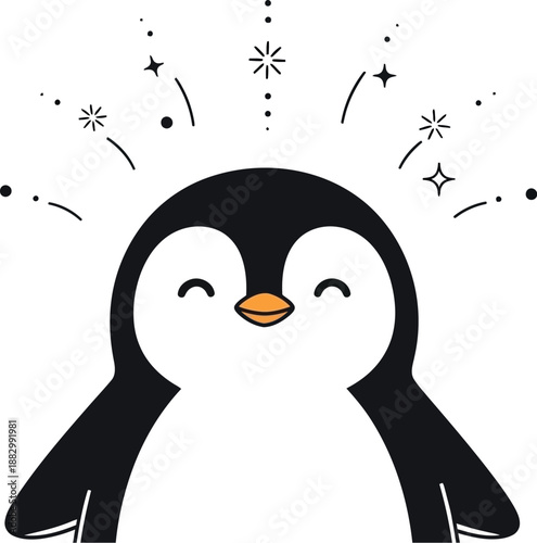 A cute penguin illustration smiles with sparkles around its happy face now