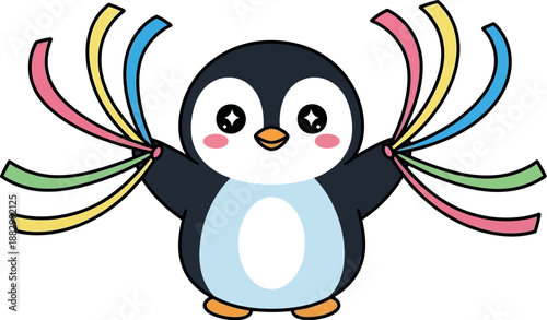 A cheerful penguin holds colorful ribbons in celebration outdoors