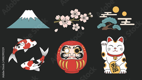 Japanese Cultural Icons and Symbols Featuring Mount Fuji, Cherry Blossoms, Koi Fish, Daruma Doll, and Lucky Cat
