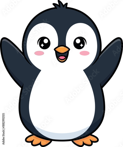 Cute cartoon penguin illustration waves with big eyes and rosy cheeks happily