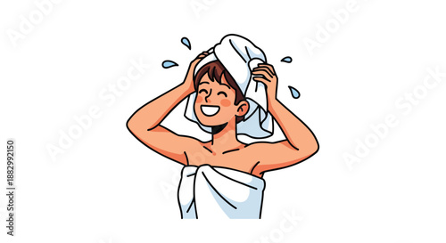 Joyful individual embracing post-shower freshness carefully drying wet hair with a soft white towel exuding happiness and a sense of pure cleanliness