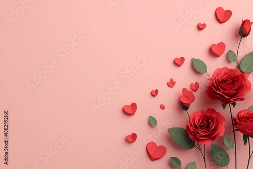 Roses and paper hearts arranged on a pink background for a special occasion or celebration in a creative display