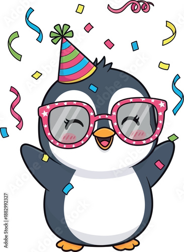 A cartoon penguin wearing pink glasses and a party hat celebrates outdoors