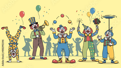 Vibrant illustration of five cheerful circus clowns performing lively acts. Juggling, playing music, and playful antics fill a festive scene with balloons and confetti, creating joyous entertainment