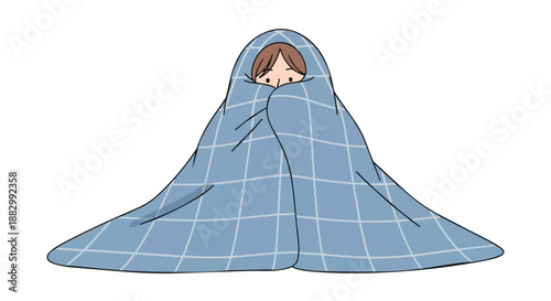 A delightful simple illustration of an individual completely enveloped in a patterned blue blanket, conveying ultimate comfort, privacy, and serene