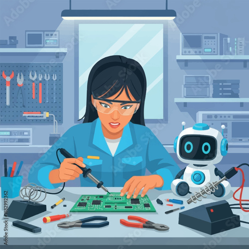 Woman working with robot on circuit.