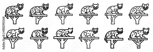 Collection of  ocelot tree perch  line art icons on white background. Set of animal linear symbols. Vector illustration.