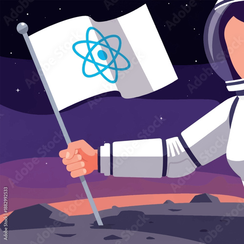 Astronaut holding React logo flag.