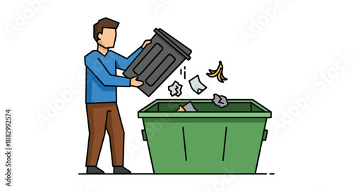 Vivid illustration showcasing a responsible citizen diligently depositing everyday household refuse from a personal waste container into a sizable