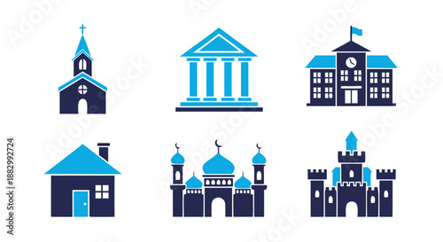 Collection of diverse building icons including a church, bank, school, house, mosque, and castle