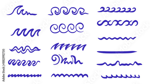 Blue Wavy Lines Set - Hand Drawn Ocean Wave Border Designs, Water Ripple Illustration, Decorative Elements, Transparent Background