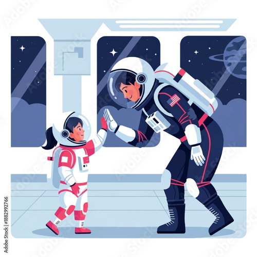 Astronauts in Space Suits Interacting.