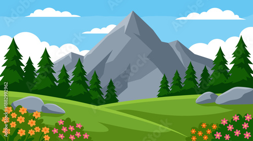 Mountain Landscape Nature Vector Illustration with Green Pine Forest and Flat Design Meadow