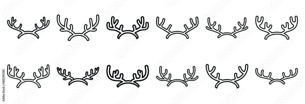 Obraz premium Collection of reindeer antlers wide line art icons on white background. Set of animal linear symbols. Vector illustration.