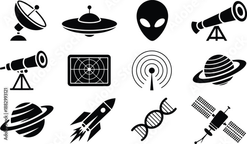 A variety of space exploration and scientific research black silhouette icons on a pristine white background