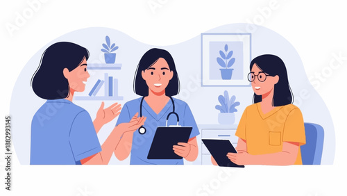 Three women in a medical office consult and discuss health information