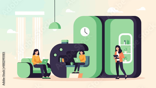 Three women working remotely on laptops and tablet in a modern office