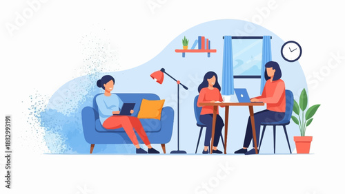 Three women working and relaxing in a modern home interior