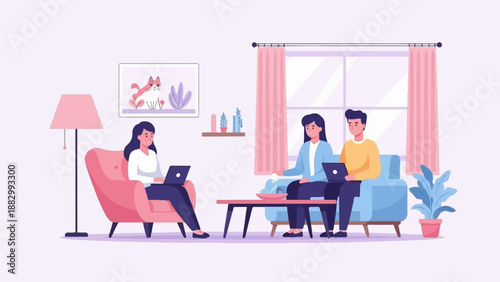 Three people using laptops in a cozy living room with a lamp and plant