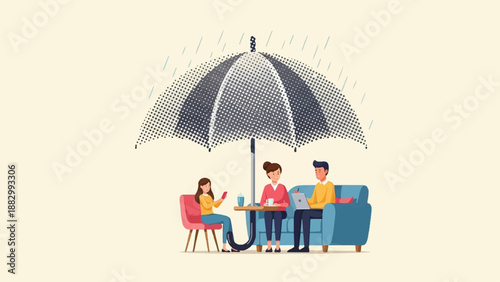 Three people under a polka dot umbrella sheltering from rain at a cafe