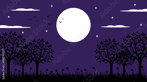 Full Moon Night Landscape Vector Illustration with Silhouetted Trees and Stars in Flat Design