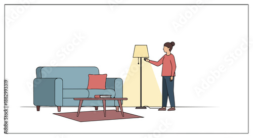 Modern domestic interior scene. A person activates a floor lamp, lighting a blue sofa, red cushion, wooden coffee table, and red rug in a minimalist