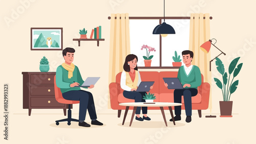 Three people collaborate on laptops in a bright, modern living room setting