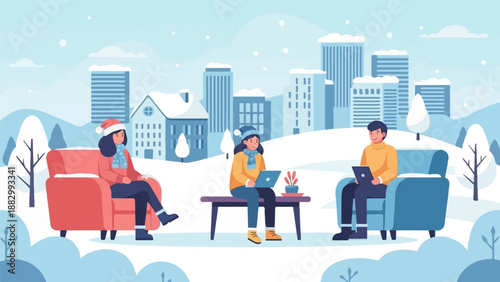 Three people using laptops in a snowy cityscape